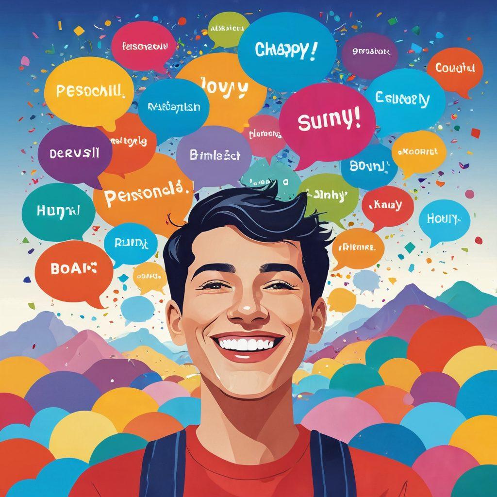 A cheerful character surrounded by colorful word bubbles that showcase various joyful nicknames, each in playful fonts. The background features a vibrant landscape with motivational quotes about personal branding scattered like confetti. The character is engaging and smiling, embodying the essence of joy and creativity. Emphasize bright colors and a whimsical style. vector art. vibrant colors.